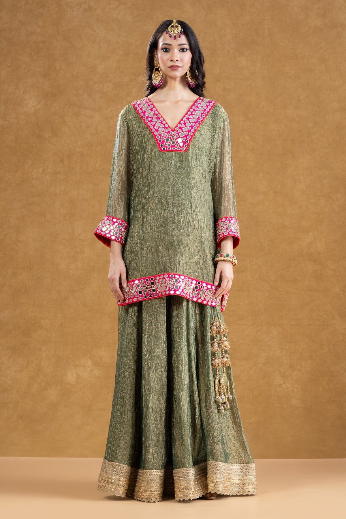 Sage Green Crushed Tissue Kurta Sharara Set with Mirror Work