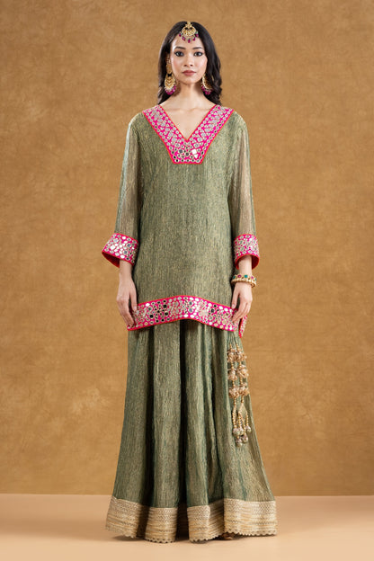Sage Green Crushed Tissue Kurta Sharara Set with Mirror Work