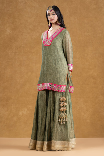 Sage Green Crushed Tissue Kurta Sharara Set with Mirror Work