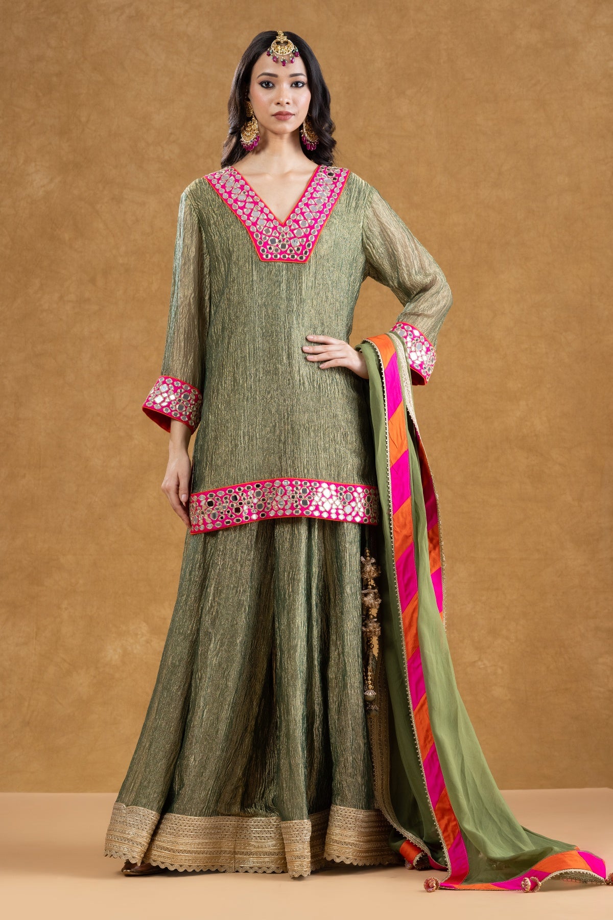 Sage Green Crushed Tissue Kurta Sharara Set with Mirror Work