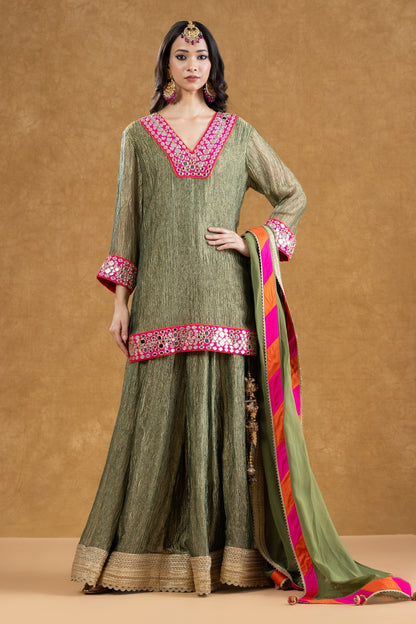 Sage Green Crushed Tissue Kurta Sharara Set with Mirror Work