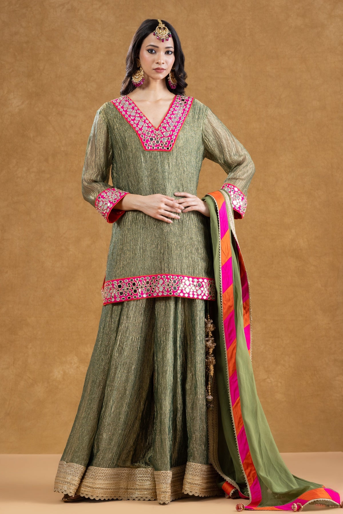 Sage Green Crushed Tissue Kurta Sharara Set with Mirror Work