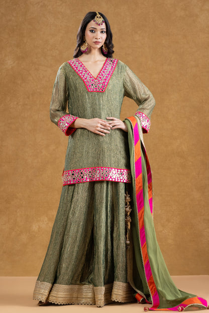 Sage Green Crushed Tissue Kurta Sharara Set with Mirror Work