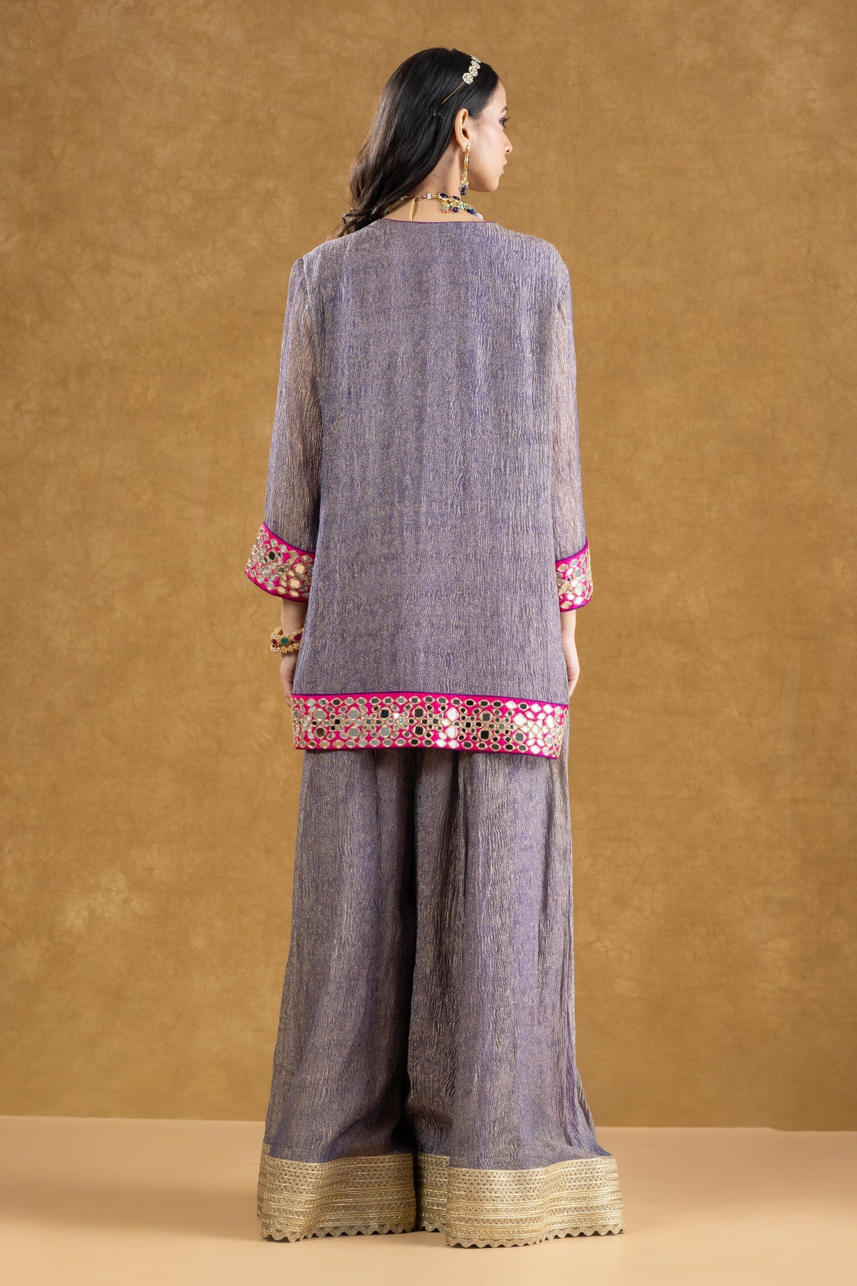 Lavender Grey Crushed Tissue Kurta Sharara Set with Mirror Work