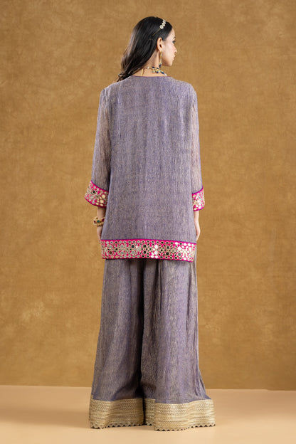 Lavender Grey Crushed Tissue Kurta Sharara Set with Mirror Work