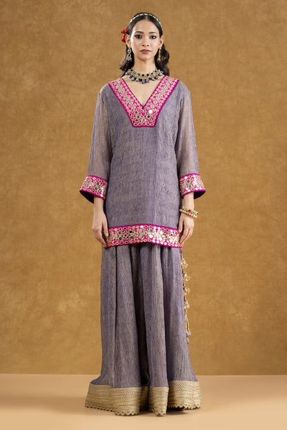 Lavender Grey Crushed Tissue Kurta Sharara Set with Mirror Work