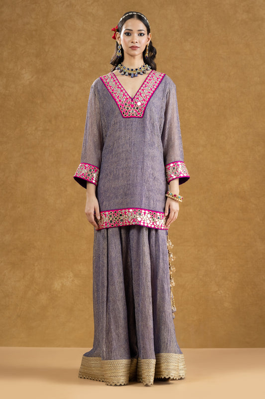 Lavender Grey Crushed Tissue Kurta Sharara Set with Mirror Work