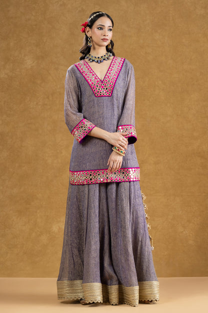 Lavender Grey Crushed Tissue Kurta Sharara Set with Mirror Work