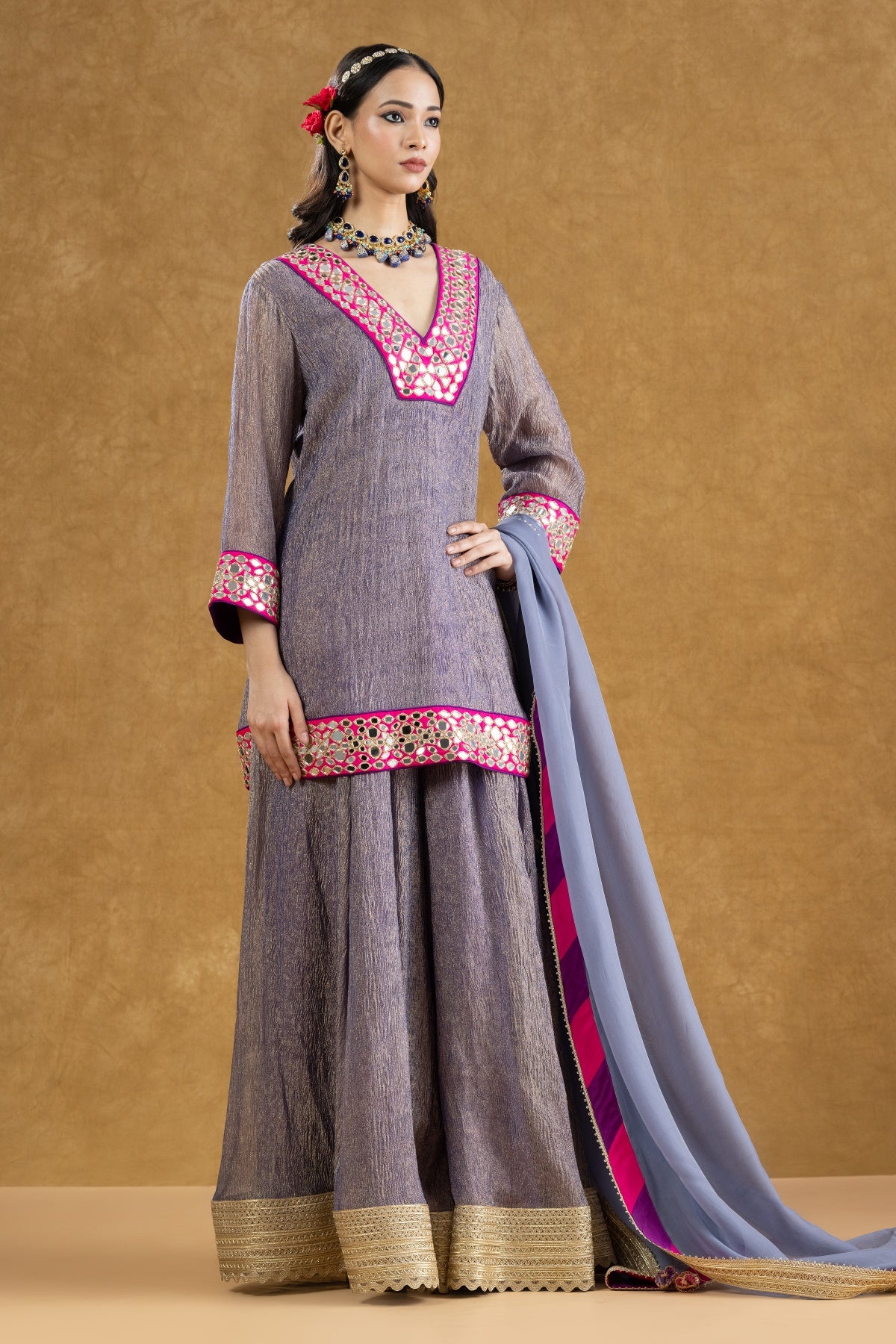 Lavender Grey Crushed Tissue Kurta Sharara Set with Mirror Work