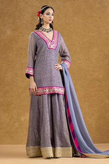 Lavender Grey Crushed Tissue Kurta Sharara Set with Mirror Work