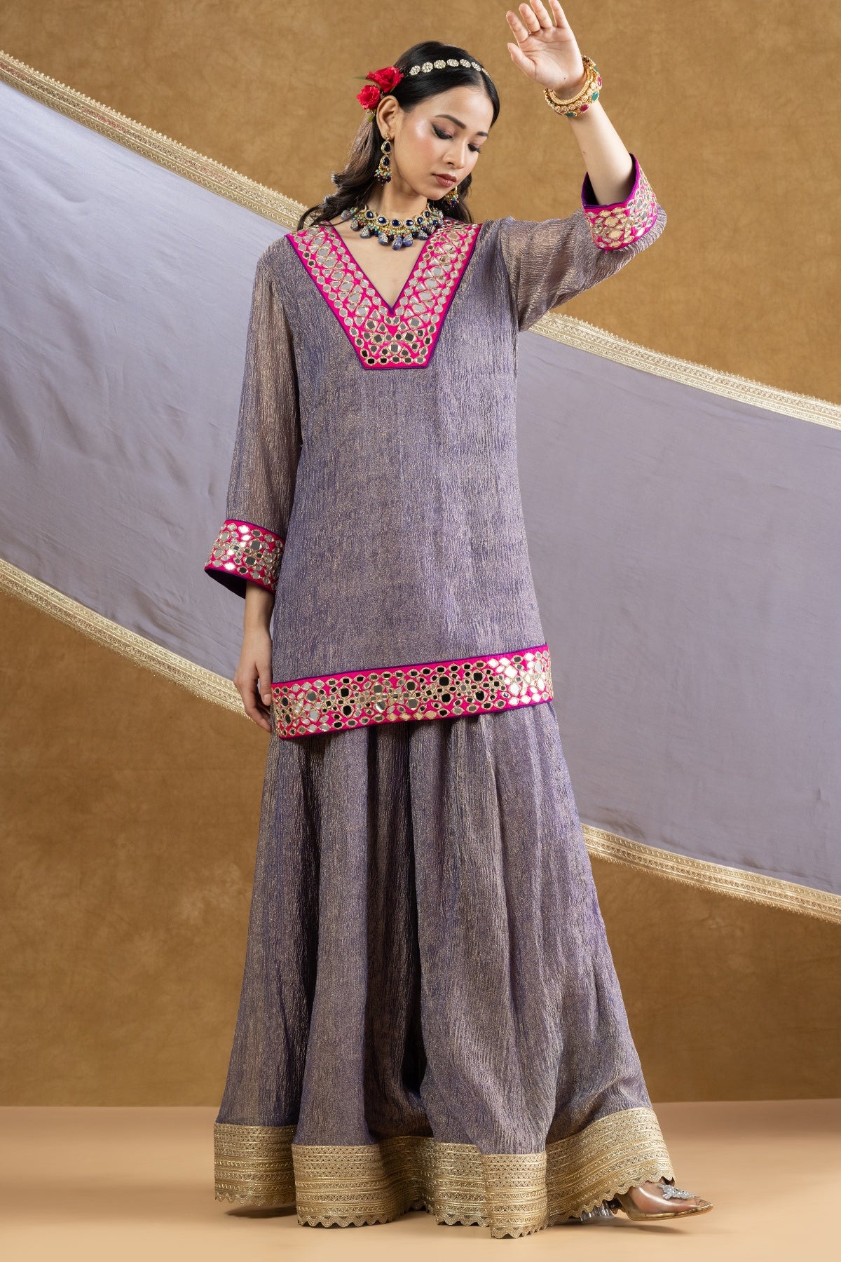 Lavender Grey Crushed Tissue Kurta Sharara Set with Mirror Work