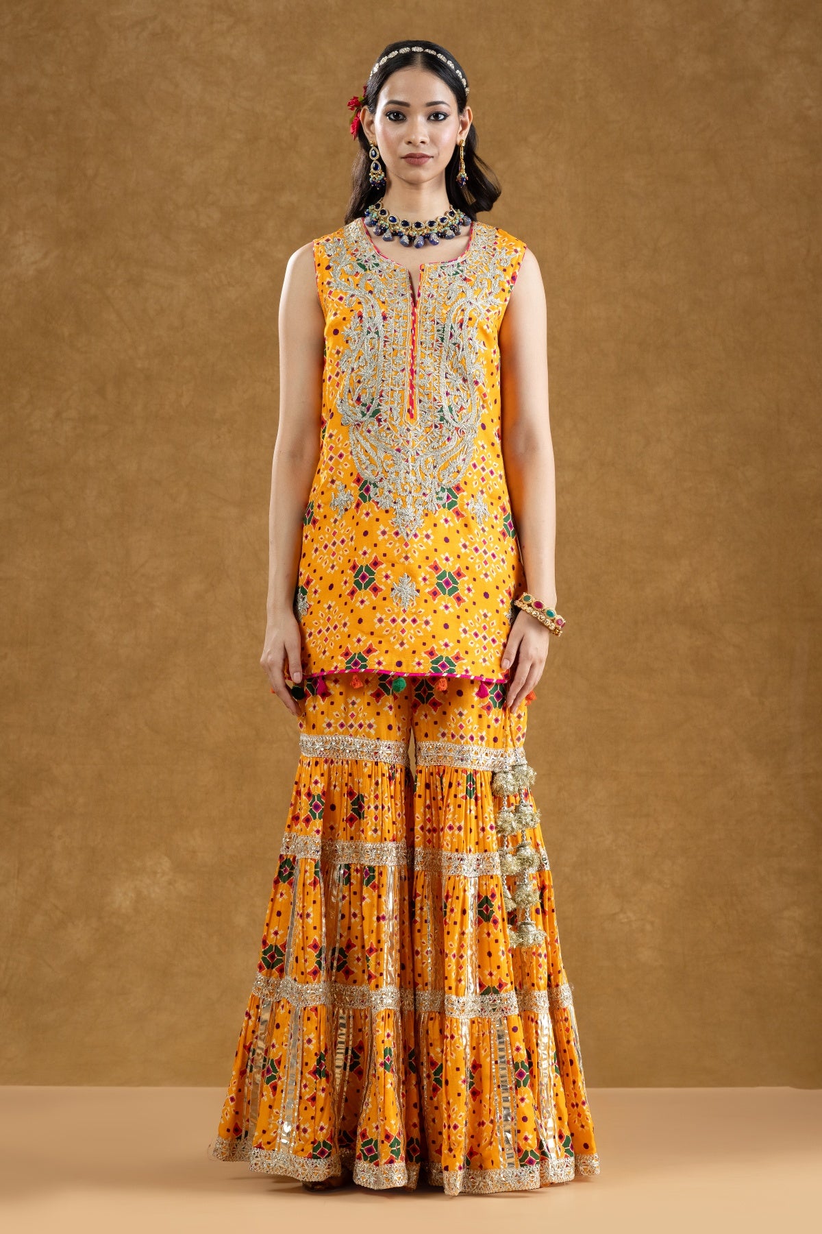 Orange Patola Print Kurta 3-Layered Gota Gharara Set with Nakshi Work