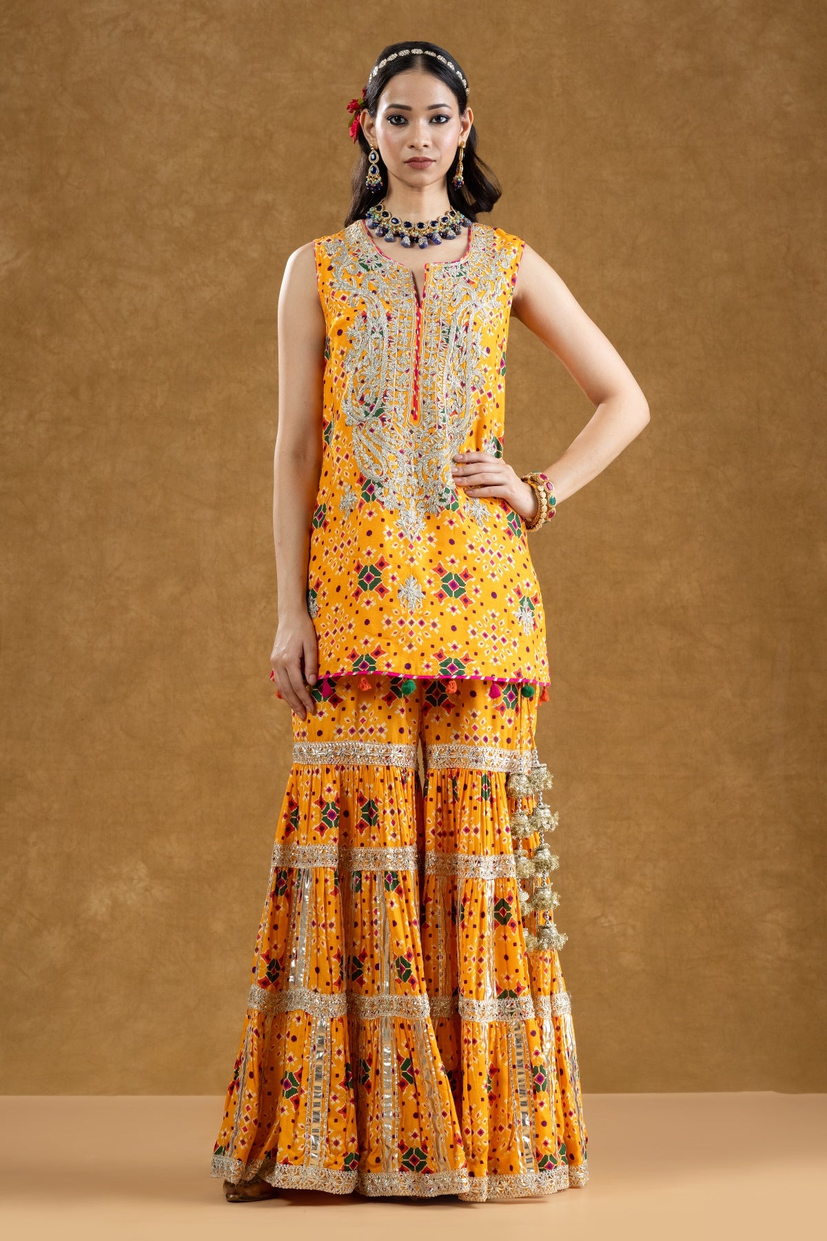 Orange Patola Print Kurta 3-Layered Gota Gharara Set with Nakshi Work