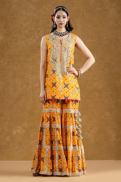 Orange Patola Print Kurta 3-Layered Gota Gharara Set with Nakshi Work