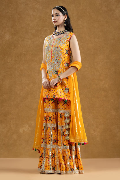 Orange Patola Print Kurta 3-Layered Gota Gharara Set with Nakshi Work