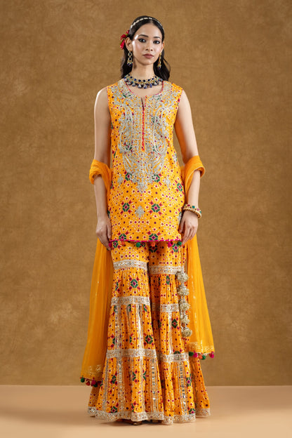 Orange Patola Print Kurta 3-Layered Gota Gharara Set with Nakshi Work