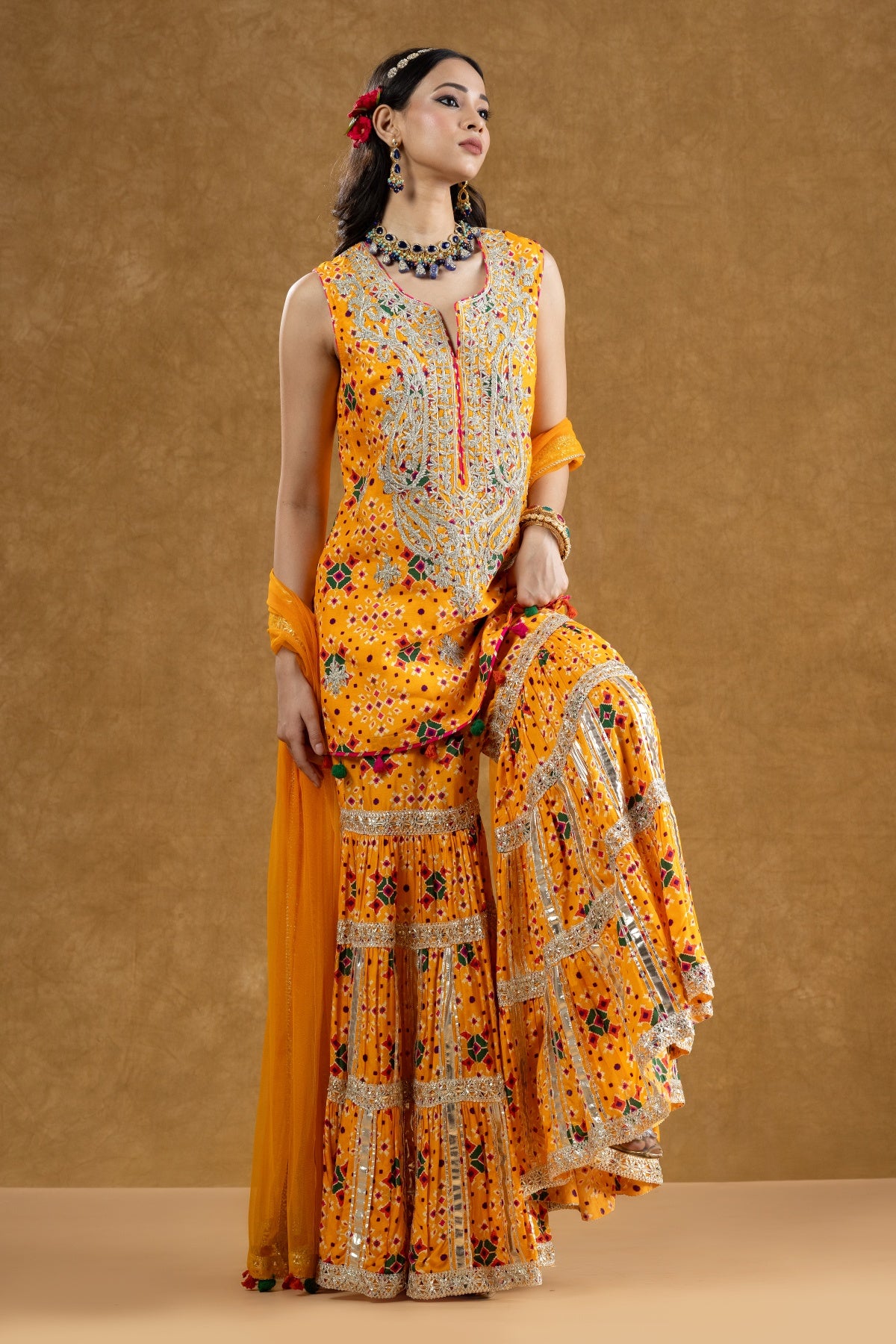 Orange Patola Print Kurta 3-Layered Gota Gharara Set with Nakshi Work