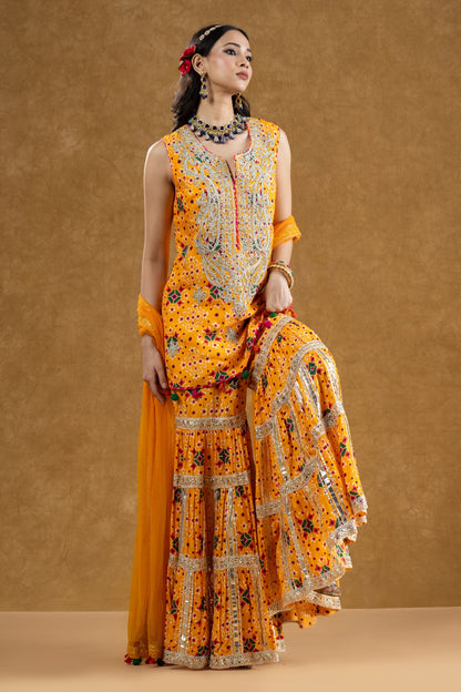 Orange Patola Print Kurta 3-Layered Gota Gharara Set with Nakshi Work