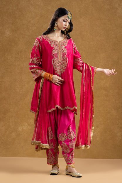 Rani Pink Chanderi Kurta Salwar Set with Dori Hand Work