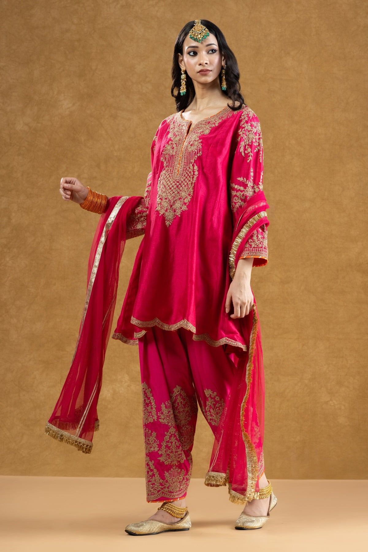 Rani Pink Chanderi Kurta Salwar Set with Dori Hand Work