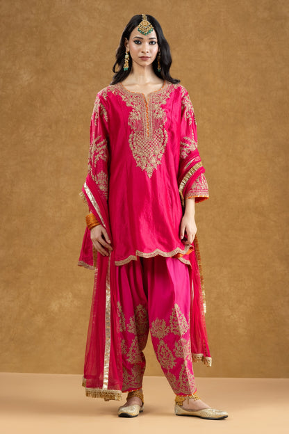 Rani Pink Chanderi Kurta Salwar Set with Dori Hand Work