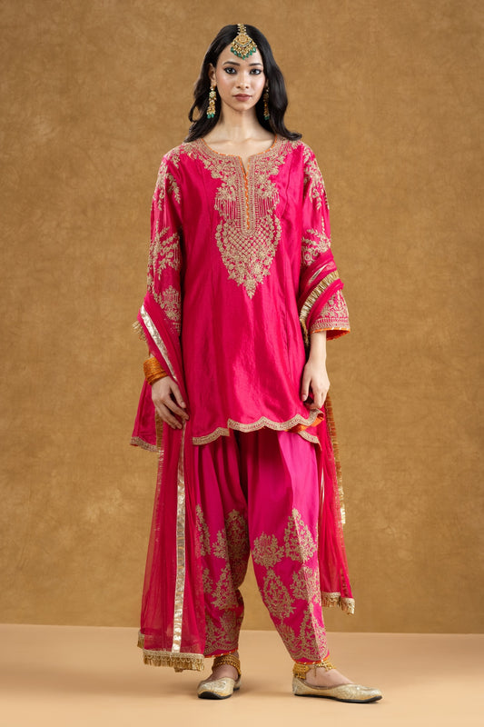 Rani Pink Chanderi Kurta Salwar Set with Dori Hand Work
