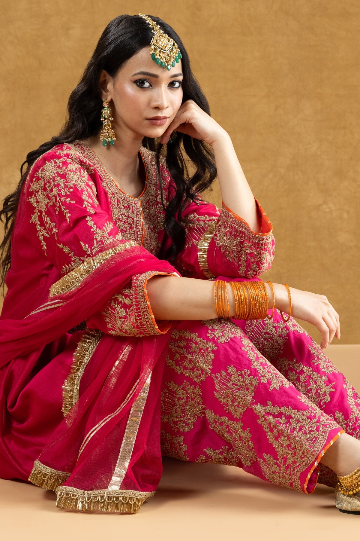 Rani Pink Chanderi Kurta Salwar Set with Dori Hand Work