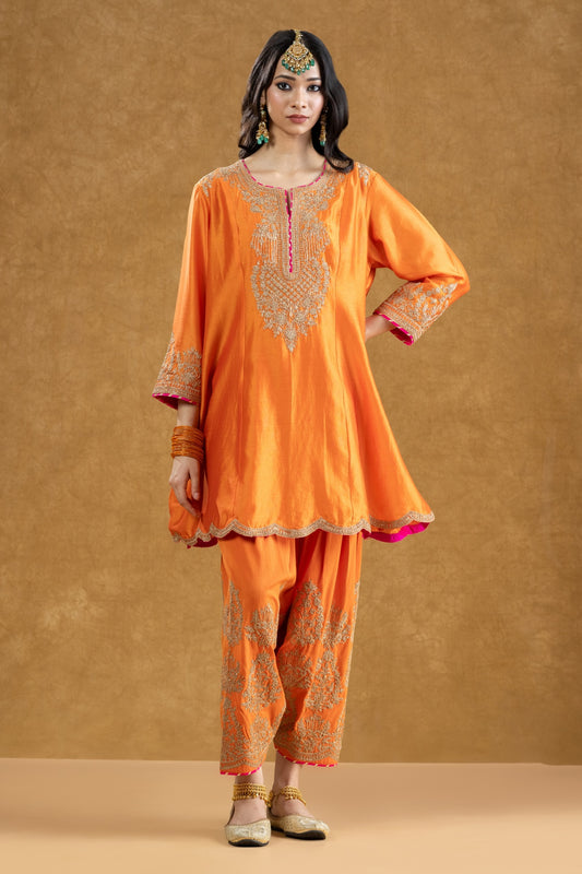 Orange Chanderi Kurta Salwar Set with Dori Hand Work