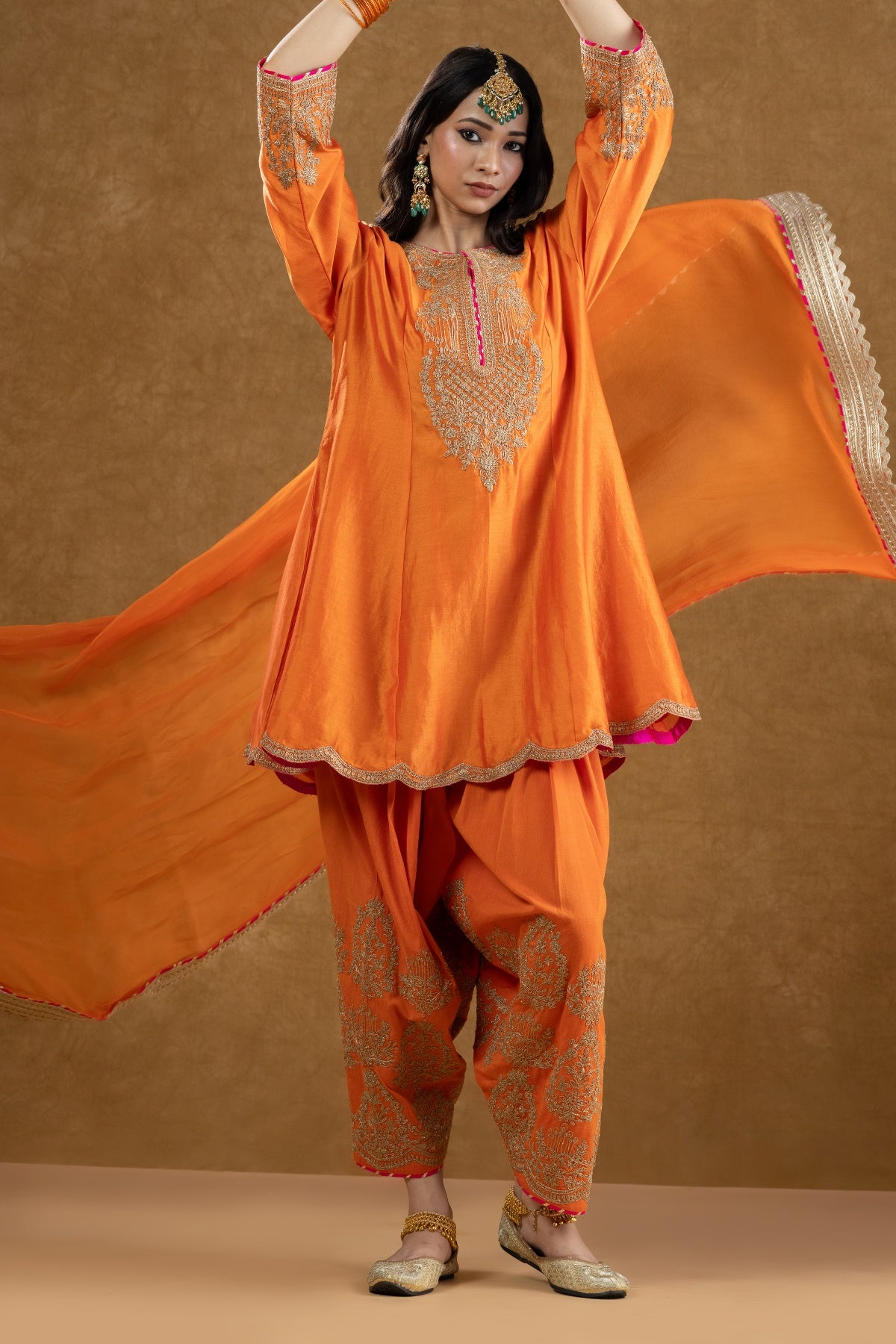 Orange Chanderi Kurta Salwar Set with Dori Hand Work