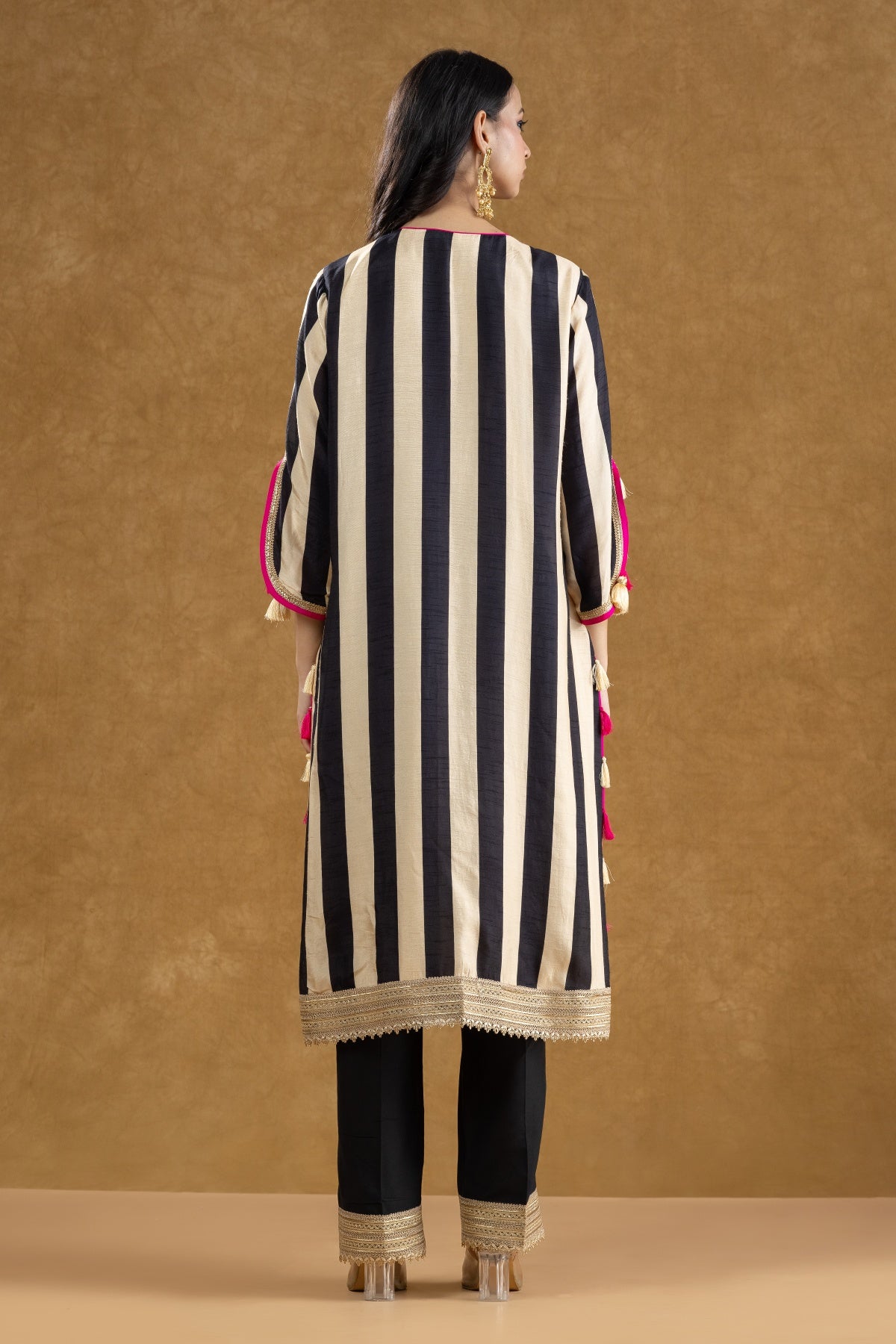 Black & Ivory Striped Mirror Work Kurta Pant Set