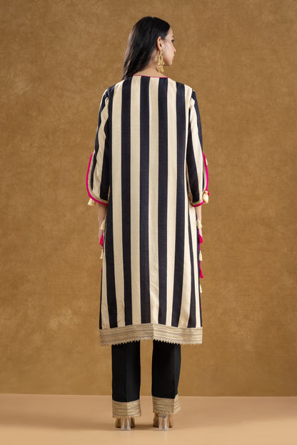 Black & Ivory Striped Mirror Work Kurta Pant Set