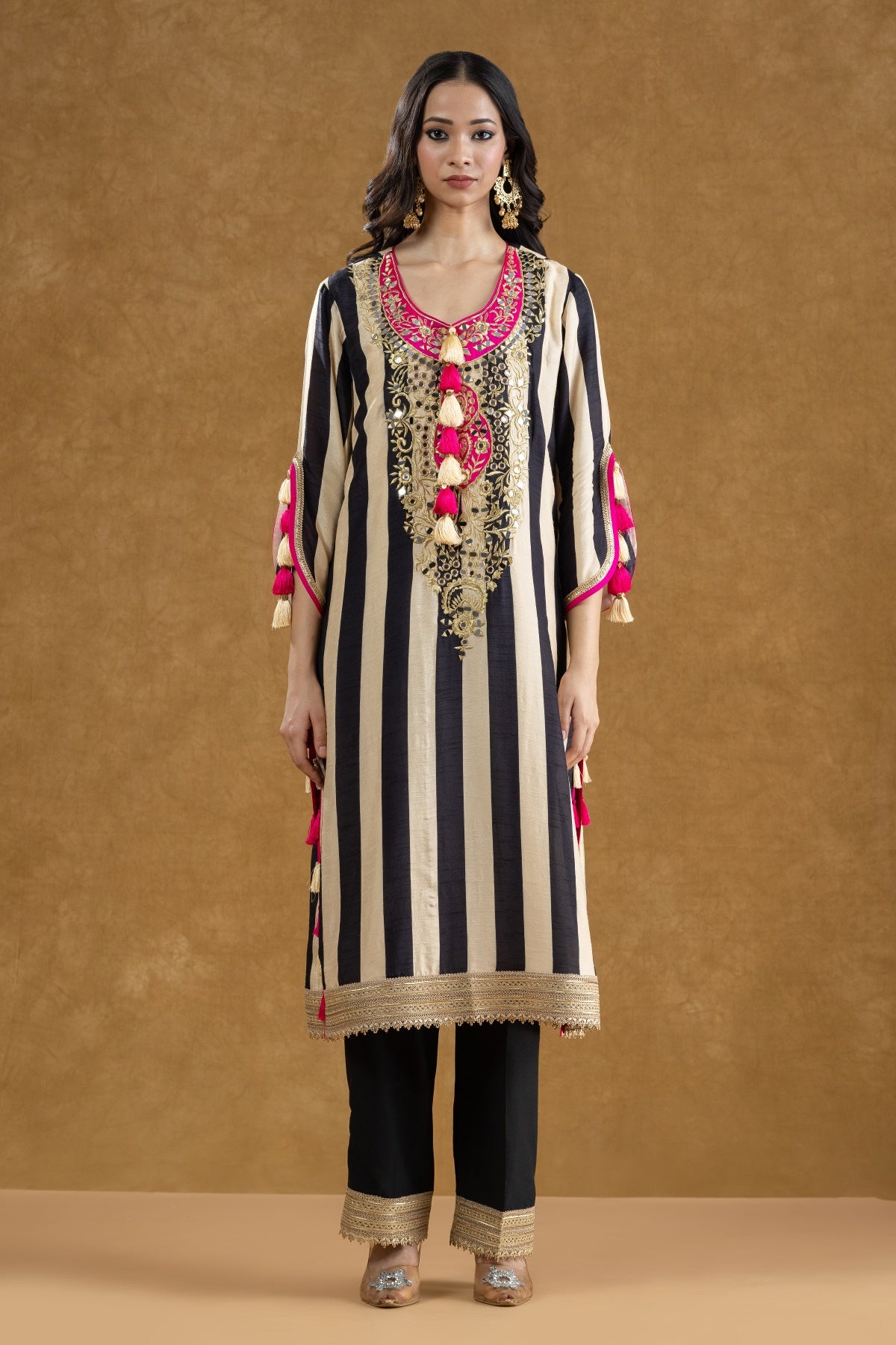 Black & Ivory Striped Mirror Work Kurta Pant Set