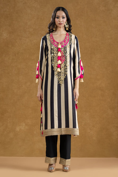 Black & Ivory Striped Mirror Work Kurta Pant Set