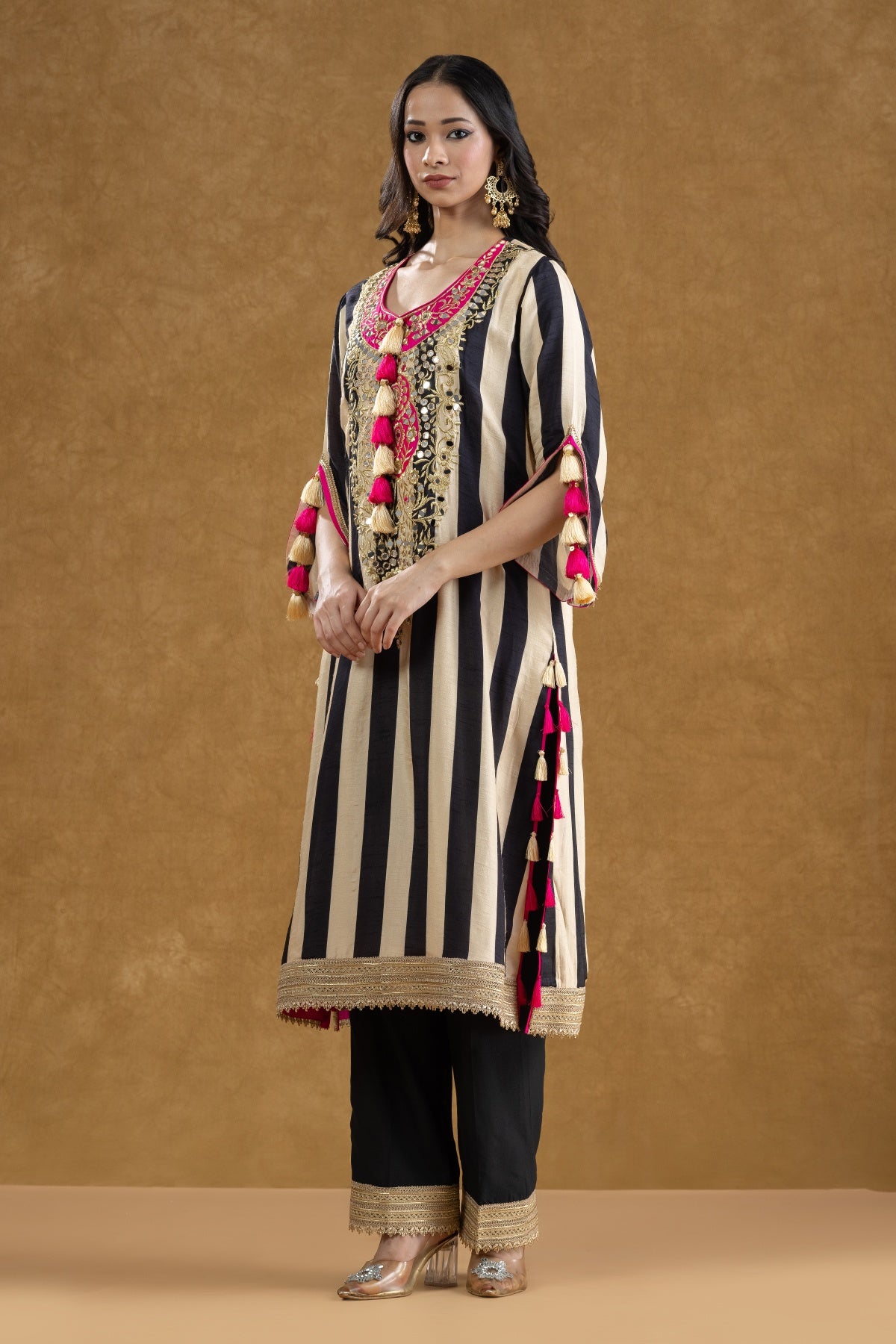 Black & Ivory Striped Mirror Work Kurta Pant Set