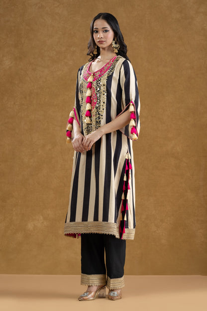 Black & Ivory Striped Mirror Work Kurta Pant Set