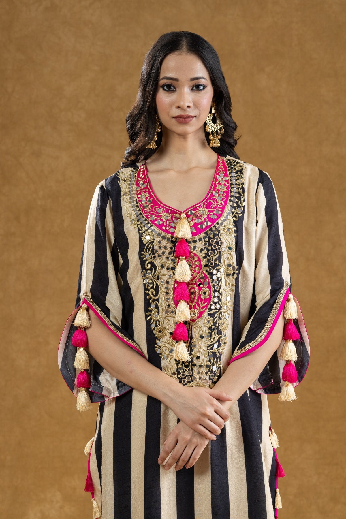 Black & Ivory Striped Mirror Work Kurta Pant Set