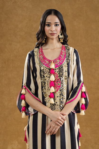 Black & Ivory Striped Mirror Work Kurta Pant Set