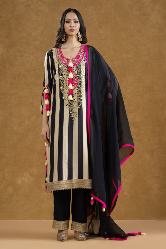 Black & Ivory Striped Mirror Work Kurta Pant Set