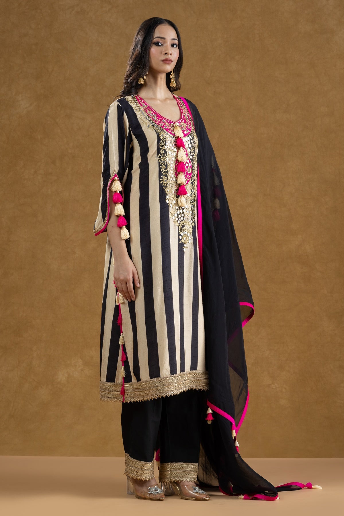 Black & Ivory Striped Mirror Work Kurta Pant Set