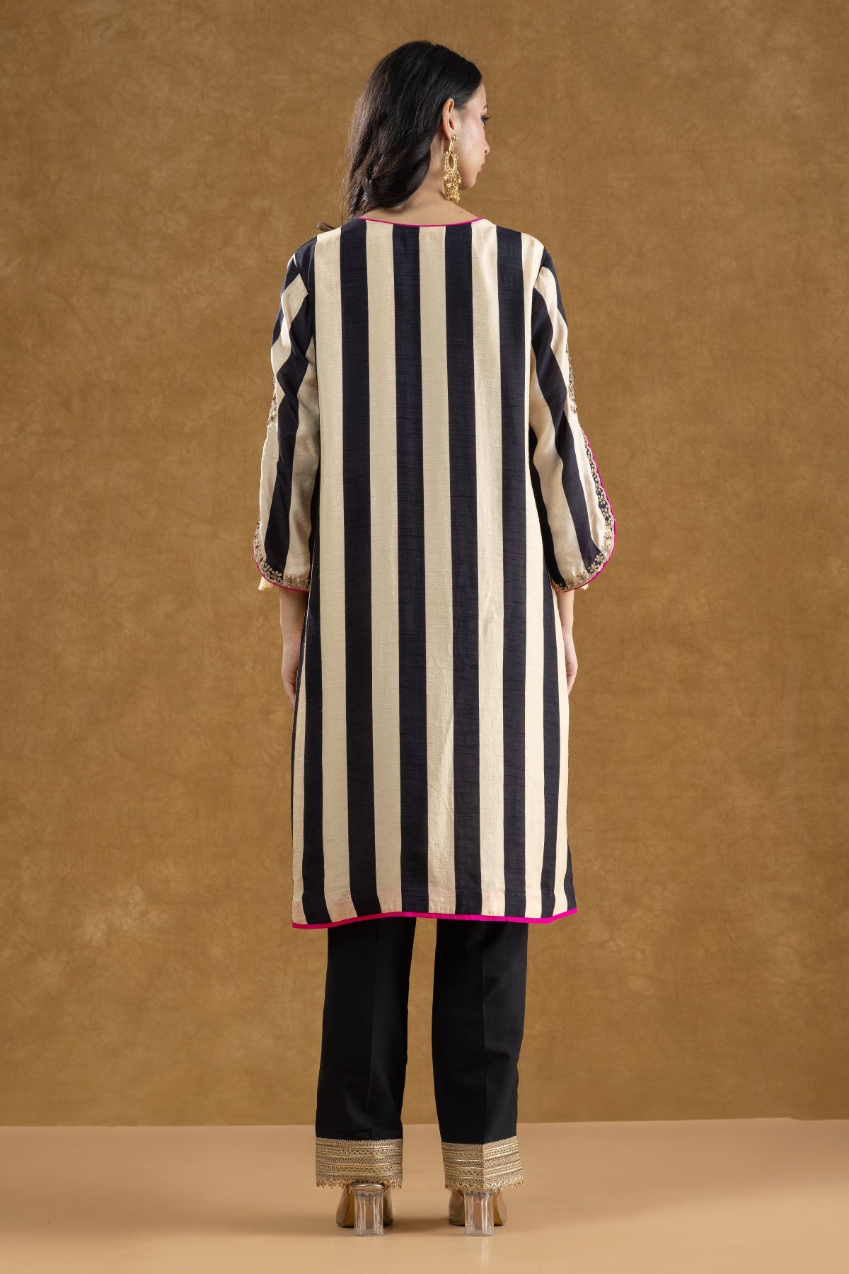 Black & Ivory Striped Kurta Pant Set with Dori Kasab Hand Work