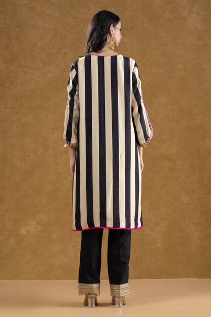Black & Ivory Striped Kurta Pant Set with Dori Kasab Hand Work