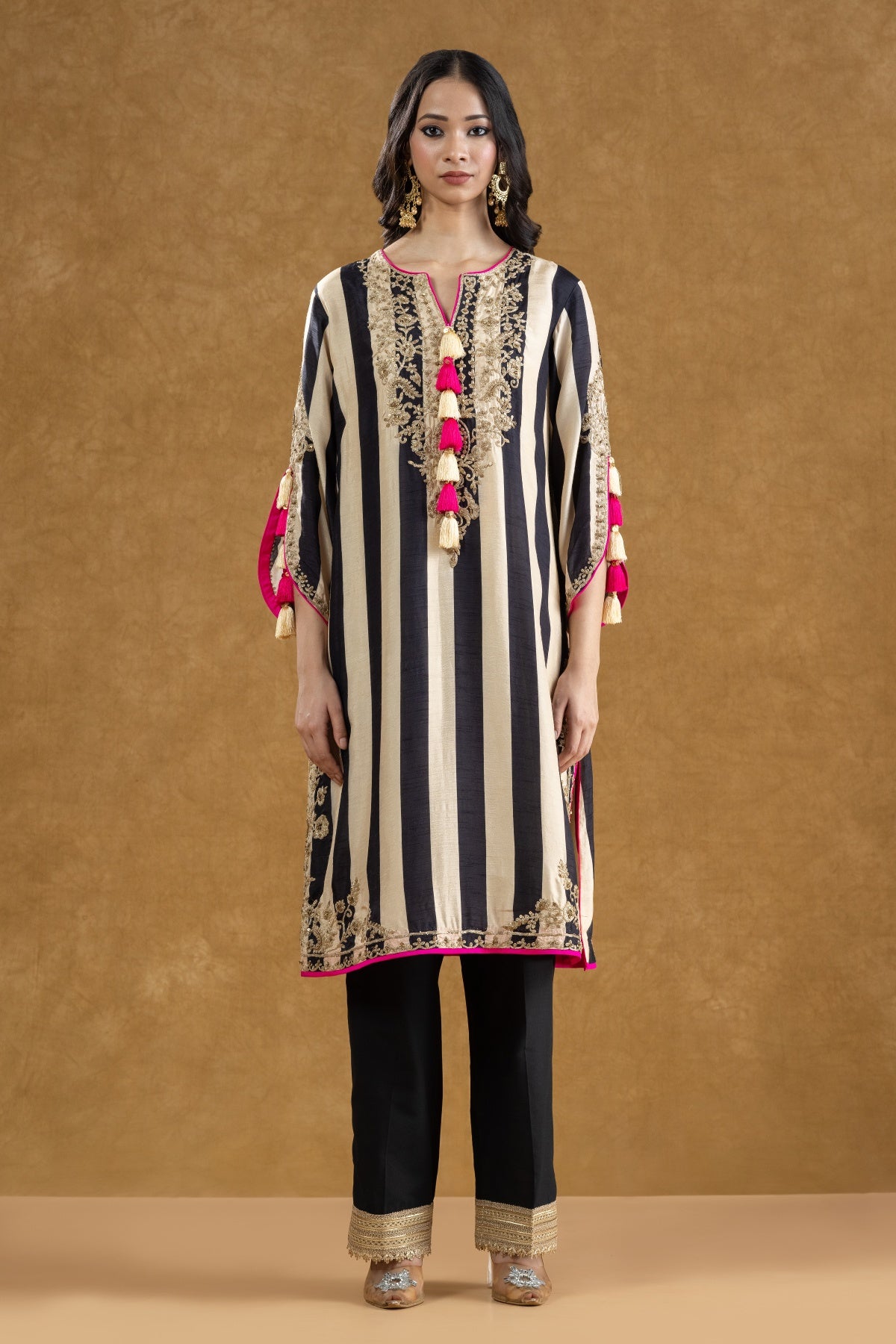 Black & Ivory Striped Kurta Pant Set with Dori Kasab Hand Work
