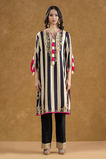Black & Ivory Striped Kurta Pant Set with Dori Kasab Hand Work