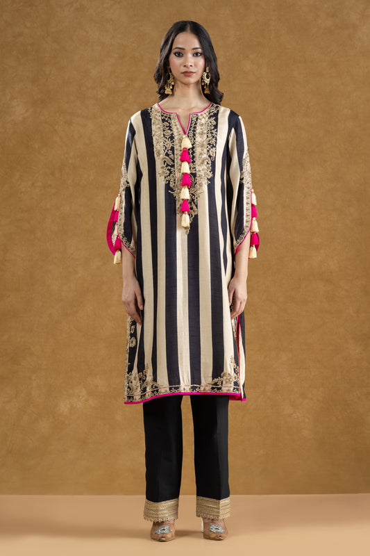 Black & Ivory Striped Kurta Pant Set with Dori Kasab Hand Work
