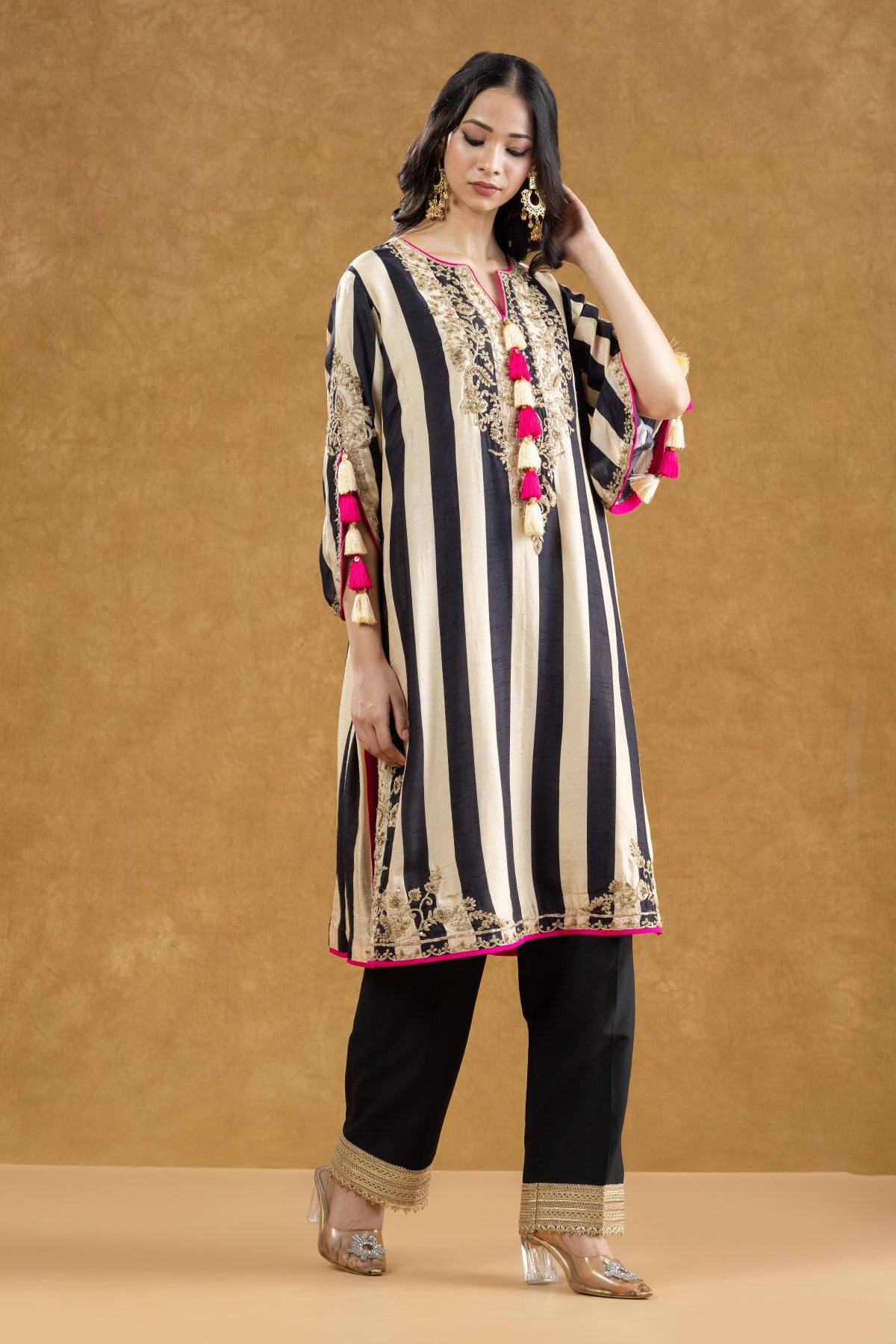 Black & Ivory Striped Kurta Pant Set with Dori Kasab Hand Work