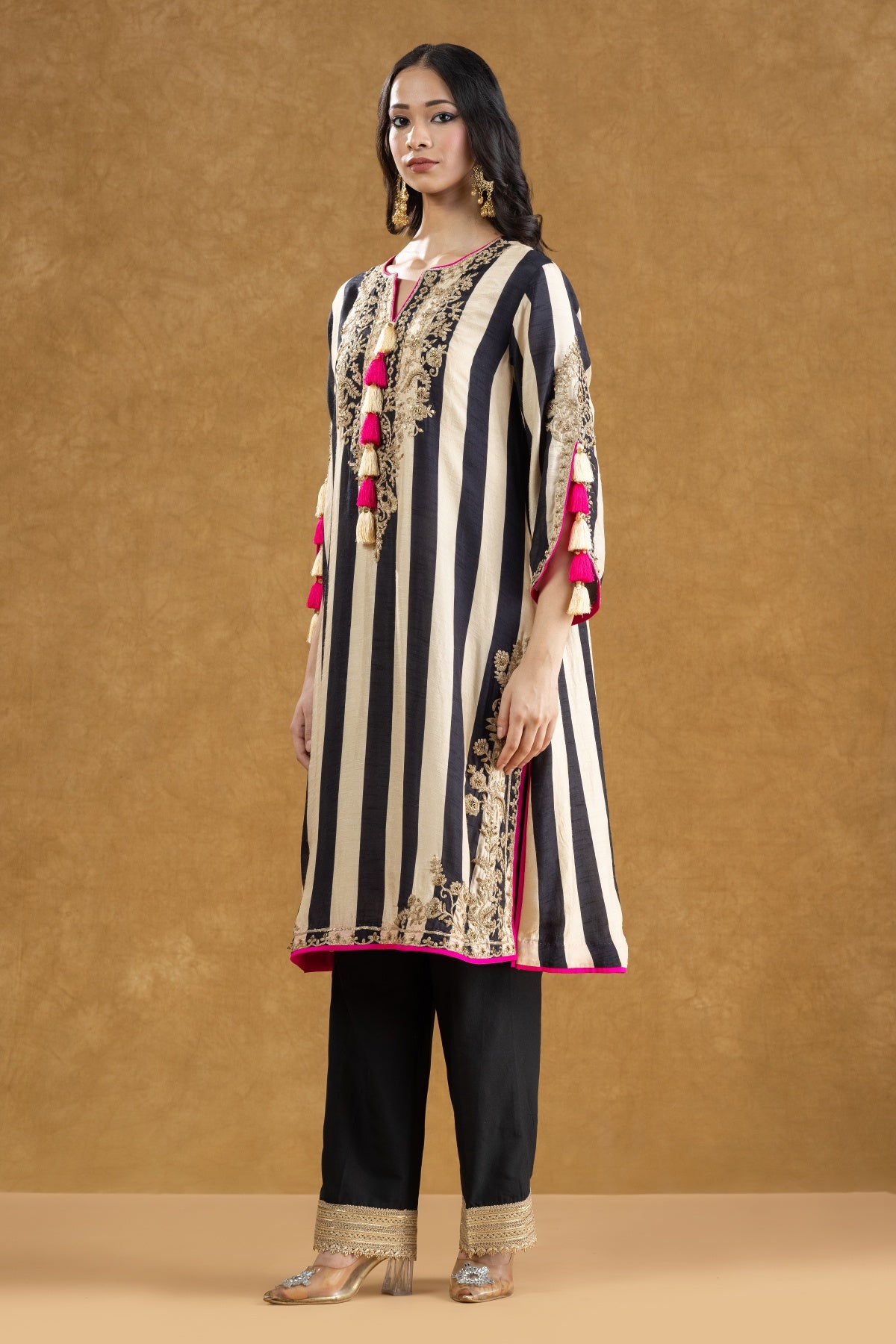 Black & Ivory Striped Kurta Pant Set with Dori Kasab Hand Work