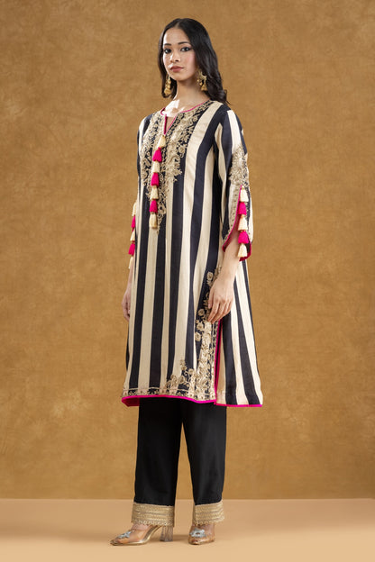 Black & Ivory Striped Kurta Pant Set with Dori Kasab Hand Work