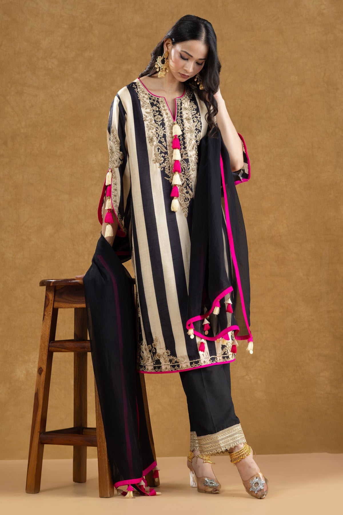 Black & Ivory Striped Kurta Pant Set with Dori Kasab Hand Work