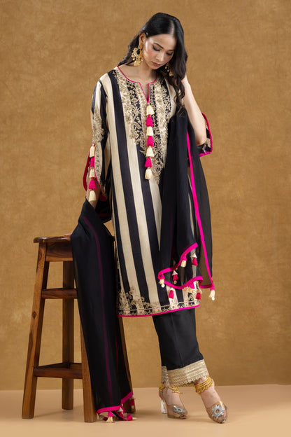 Black & Ivory Striped Kurta Pant Set with Dori Kasab Hand Work