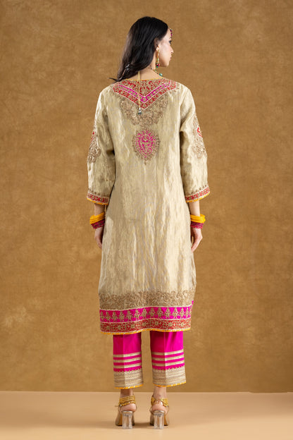 Ivory Tissue Kurta Palazzo Set with Dori Kasab & Sequin Dabka Hand Work
